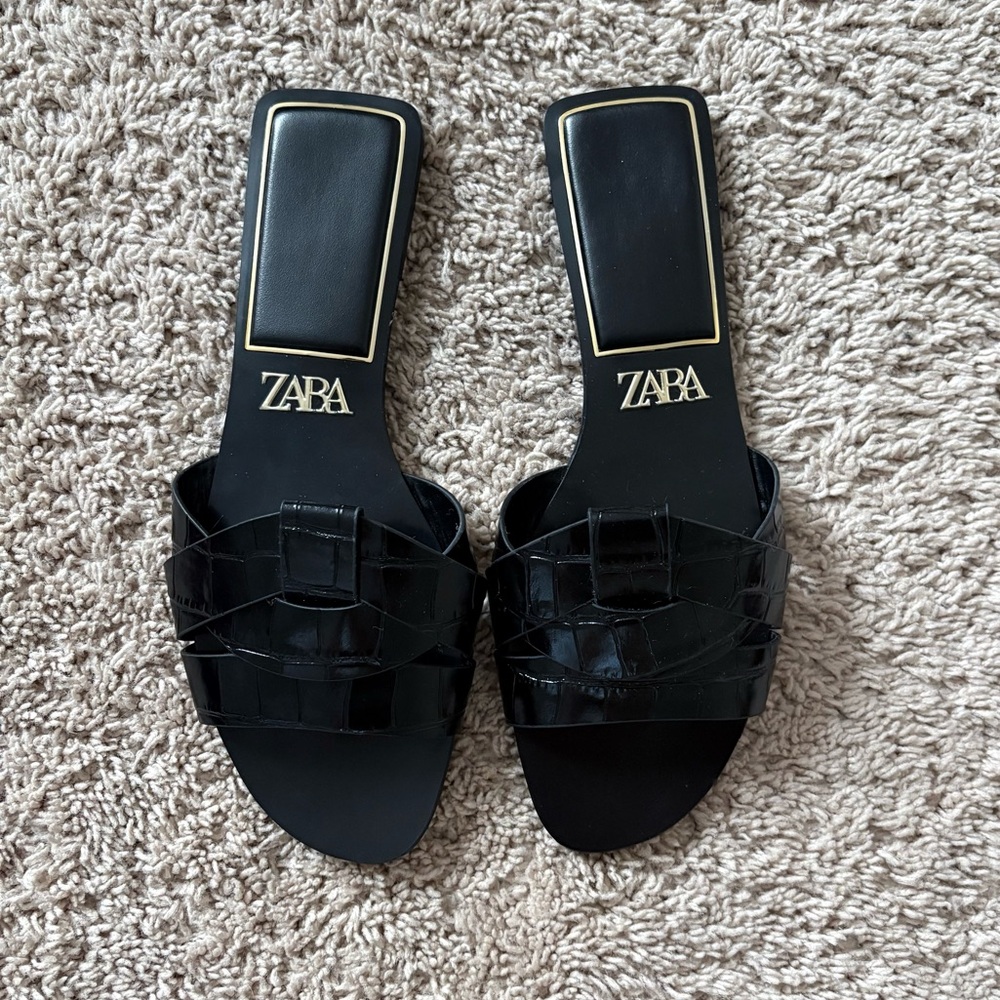 Zara Faux Croc Leather Slides.